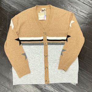 Stylish Cardigan in Tan and Gray featuring stars on the sleeves